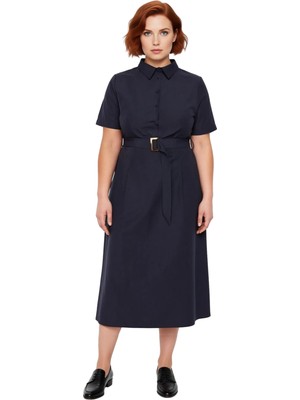 Ersefa Büyük Beden Kadın Düz Desen Gömlek Elbise Standart Kol Yaka Kemerli Midi Boy Kaliteli