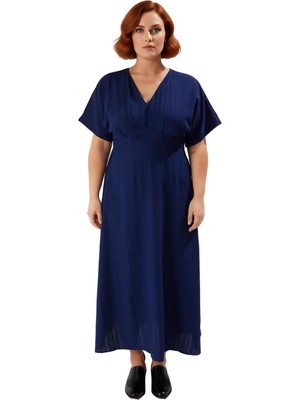 Ersefa Kadın Şık V Yaka Kısa Kol A Line Büyük Beden Maxi Elbise Dokuma Crinkle Kumaş Rahat Giy Çık