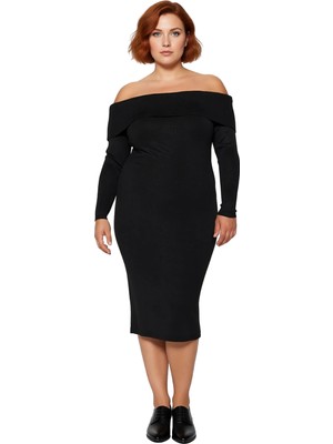 Ersefa Kadın Düşük Kol Bodycon Siluet Carmen Yaka Triko Midi Elbise Zarif ve Modern Kış Stili Için Ideal