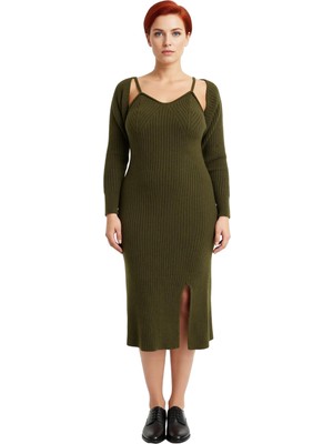 Ersefa Kadın Düz Desen Midi Boy Fitilli Triko Elbise Bolero Takımı Düşük Uzun Kollu Bodycon Kaliteli