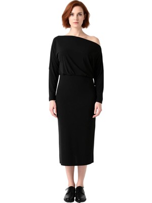Ersefa Modern Kadın Asimetrik Yaka Uzun Kollu Bodycon Midi Maxi Elbise Kış Günleri Için Şık ve Rahat Örme