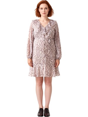 Ersefa Kadın Şık A Line Kesim Uzun Kollu V Yaka Animal Desenli Şifon Mini Elbise Günlük Kullanım Kaliteli