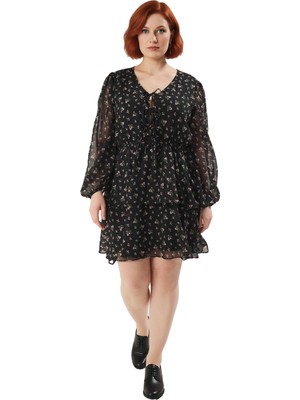 Ersefa Kadın Şık Çiçekli Mini V Yaka Balon Kol Skater Kalıp Eteği Fırfırlı Dokuma Elbise Büyük Beden