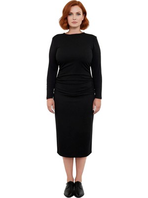 Ersefa Kadınlara Özel Siyah Düz Desen Örme Krep Dokuma Bisiklet Yaka Rahat Büyük Beden Elbise Kaliteli