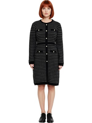 Ersefa Kadın Bodycon Kesim Siyah Kareli Desen Triko Elbise Bisiklet Yaka Uzun Kollu Rahat Kış Şıklığı