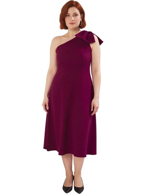 Ersefa Kadın Büyük Beden Kolsuz Midi Elbise Asimetrik Yaka Kurdele Detaylı Şık Gece Kombinleri Için