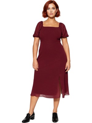 Ersefa Kadınlara Özel Büyük Beden Kare Yaka Balon Kollu Astarlı Midi Boy Şifon Yırtmaçlı Elbise Kaliteli