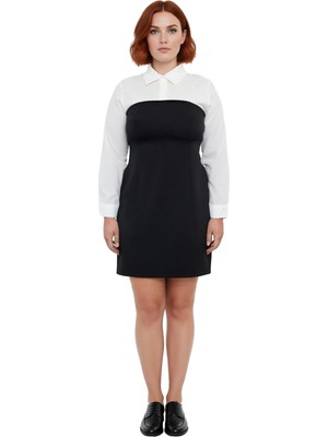 Ersefa Kadınlara Özel Bodycon Kesim Renk Bloklu Gömlek Yaka Mini Elbise Uzun Kol Ofis ve Sosyal Ortamlar