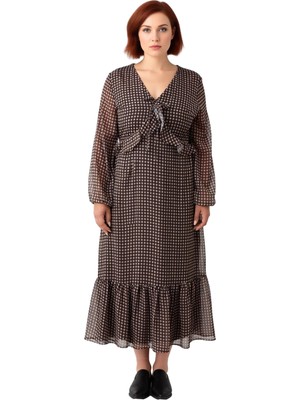 Ersefa Kadın Şal Desenli Maxi Boy Dokuma V Yaka Balon Kol A Kesim Şifon Uzun Elbise Stili Kaliteli