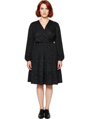 Ersefa Kadın Büyük Beden A Line Mini Elbise Uzun Kollu V Yaka Örme Kumaş Hareketli Desenli Modern