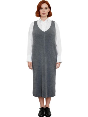 Ersefa Kadın Triko Midi Elbise Shift Kalıp Gri Düz Desen V Yaka Günlük Şık Akrilik Ilkbahar Sonbahar