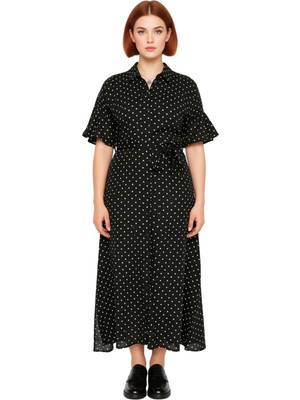 Ersefa Kadınlar Için Konforlu A Line Kalıp Dokuma Viskon Maxi Elbise Kuşaklı Gömlek Yaka Tasarım Kaliteli