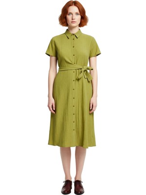 Ersefa Kadınlar Için Gofre Dokuma Gömlek Yaka Midi Elbise Rahatlığı ve Şıklığı Birleştirir Kaliteli