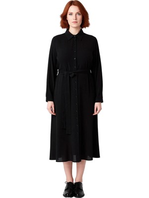 Ersefa Kadın Siyah Düz Viskoz Dokuma Midi Boy Gömlek Elbise Kuşaklı Tasarımıyla Çok Yönlü Şıklık Kaliteli