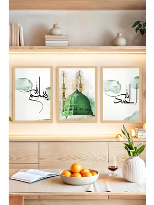 KutuTR 🌿 Yeşil Kubbe ve Hat Yazılı Çerçeve Görünümlü 3'lü Tablo Seti – 3 Ebat Seçeneğiyle! 🕋 CRVS1196 30 x 40