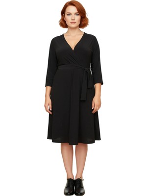 Ersefa Kadın Kruvaze Yaka Kuşaklı Düz Desen A Line Büyük Beden Örme Midi Elbise Rahatlık Sunar Kaliteli