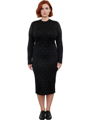 Ersefa Kadınlara Özel Bodycon Kesim Siyah Triko Elbise Taşlı Detayları ile Midi Boy Uzun Kol Kaliteli