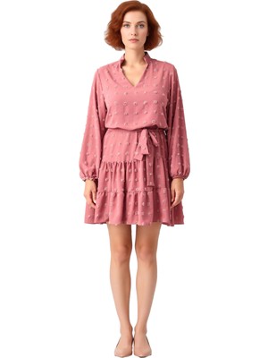 Ersefa Kadınlar Için Konforlu A Line Bordo Dokuma Dokulu V Yaka Mini Elbise Ilkbahar ve Sonbahar.