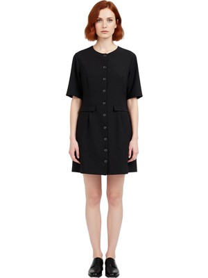 Ersefa Kadın Kahverengi Düz Desen Kısa Kol A Line Dokuma Elbise Modern Mini Boy Ofis ve Günlük Kullanım