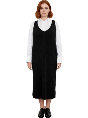 Ersefa Kadın Triko Midi Elbise Shift Kalıp Gri Düz Desen V Yaka Günlük Şık Akrilik Ilkbahar Sonbahar