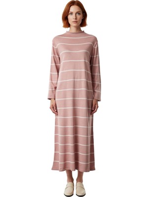 Ersefa Kadın Çizgili Dik Yaka Triko Elbise A Line Kesim Uzun Kollu Kış Günleri Için Çok Şık Kaliteli