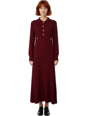 Ersefa Kadın Uzun Kollu %100 Akrilik Ribana Triko Elbise Polo Yakalı Günlük ve Rahat Kış Kombinleri