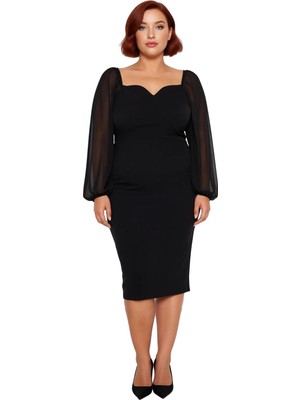 Ersefa Kadın Büyük Beden Bodycon Midi Uzun Kollu V Yaka Dokuma Elbise Şık Akşam Davetleri Için Ideal