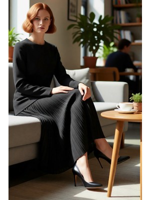 FRM Kadın Dokuma Kumaş Bisiklet Yaka Uzun Kollu Siyah Elbise Tesettür Şık Gece Kombinleri Için Maxi Boy