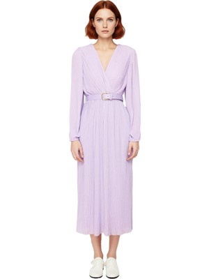 Ersefa Kadın Şifon Dokuma Kemerli Astarlı Piliseli Kruvaze Yaka Maxi Elbise Özel Davetler Için Ideal