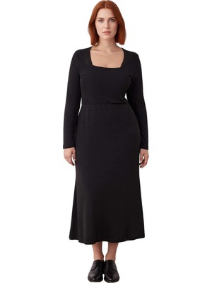 Ersefa Kadın Kare Yaka Uzun Kollu Örme Maxi Elbise Rahat A Line Kesimi Ile Kış Giyimine Uygun Kaliteli