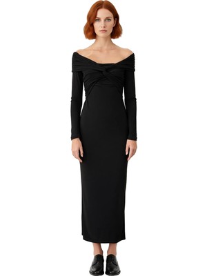 Ersefa Kadın Fashion Forward Düz Desen Uzun Kollu Bodycon Örme Midi Elbise Özel Günlerin Vazgeçilmezi