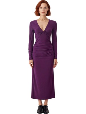 Ersefa Kadın Bodycon Siluet Uzun Kol V Yaka Büzgülü Detaylı Maxi Elbise Özel Günler Kokteyl Kaliteli