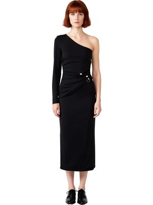 Ersefa Kadın Şık Tek Omuz Asimetrik Yaka Uzun Kol Bodycon Örme Maxi Elbise Aksesuar Detaylı Astarlı