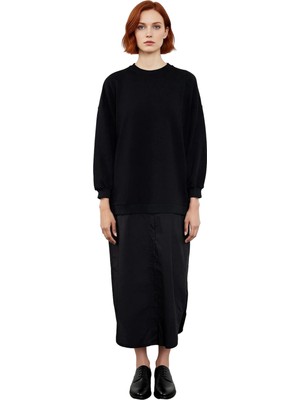 Ersefa Kadın Günlük Kullanım Için Dokuma Detaylı Maxi T Shirt Elbise Örme Kumaş Düz Desen Uzun Kollu