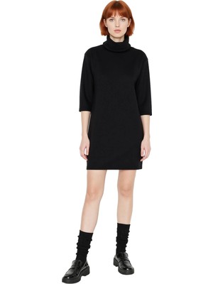 Ersefa Kadın Düz Desen Balıkçı Yaka Örme Elbise Shift Kalıp Düşük Truvakar Kol Kış Sezonu Için Ideal Mini