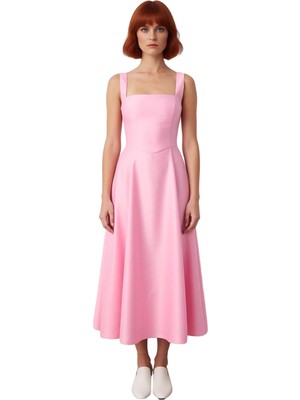 Ersefa Kadın Şık Gece Elbisesi Skater Siluet Kare Yaka Midi Boy Düz Desen Saten Dokuma Kalın Askılı