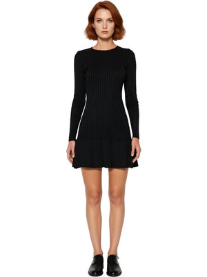 Ersefa Kadınlar Için Bordo A Kesim Triko Elbise Mini Boy Uzun Standart Kol Kışlık Gündüz Gece Kombin