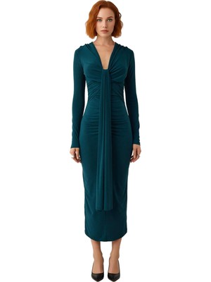 Ersefa Şık Gece Davetleri Için Kadın Bodycon Uzun Kollu V Yaka Düz Maxi Elbise Modern Tasarım Kaliteli