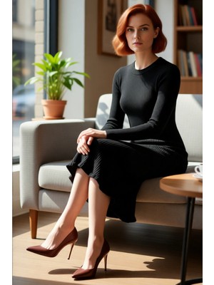 FRM Kadın Uzun Kollu Midi Triko Elbise Akrilik Kumaş Bisiklet Yaka Düz Siluet Günlük Şık Kombinler Için