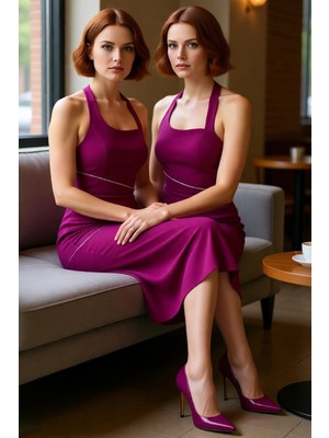 FRM Kadın Zarif Gece Elbisesi Bodycon Kalın Askılı Kolsuz Kare Yaka Taş Detaylı Midi Tasarım Kaliteli