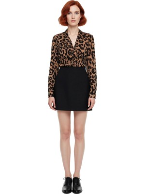 Ersefa Kadın Trend Leopar Desen Kruvaze Anvelop Yaka Uzun Kollu A Line Mini Elbise Şık Günlük Kombin