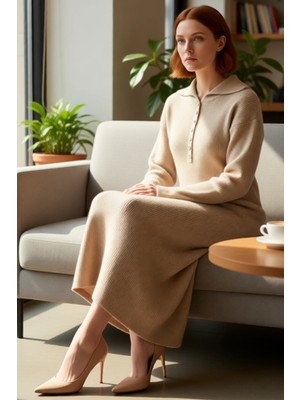 FRM Kadınlara Özel Fashion Forward Gömlek Yaka Uzun Kollu Düz Selanik Triko Maxi Elbise Kış Konforu