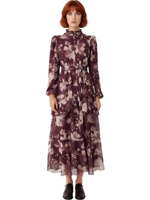 Ersefa Kadın Zarif Çiçekli Şifon Maxi Elbise Dik Yaka Balon Kol Detaylı Astarlı Günlük ve Özel Anlar Için