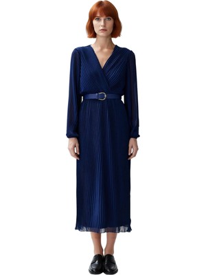 Ersefa Kadın Şifon Dokuma Kemerli Astarlı Piliseli Kruvaze Yaka Maxi Elbise Özel Davetler Için Ideal