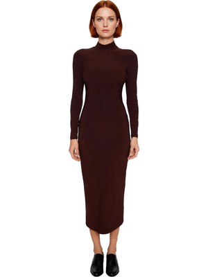 Ersefa Kadınlar Için Uzun Kollu Dik Yaka Maxi Bodycone Elbise Kalın Sandy Örme Kumaş Günlük Şıklık