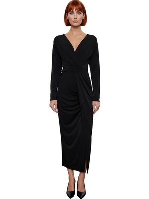 Ersefa Kadın Şık Kruvaze Yaka Uzun Kollu Anvelop Bodycon Drape Detaylı Örme Maxi Abiye Elbise Kaliteli