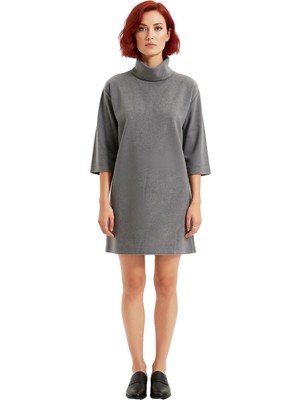 Ersefa Kadın Düz Desen Balıkçı Yaka Örme Elbise Shift Kalıp Düşük Truvakar Kol Kış Sezonu Için Ideal Mini