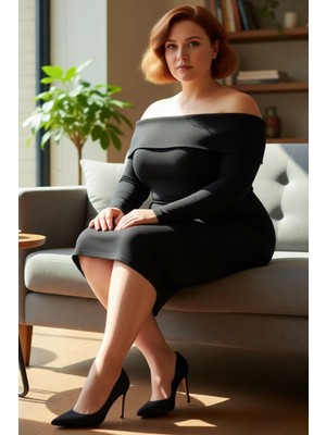 FRM Kadın Düz Desen Bodycon Kalıp Carmen Yaka Uzun Kollu Triko Midi Elbise Şık Davetler ve Gündüz