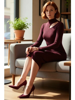 FRM Kadın Modern Cut Out Detaylı Midi Triko Elbise Dik Yaka Bodycon Kesim Uzun Kol Fitilli Kaliteli