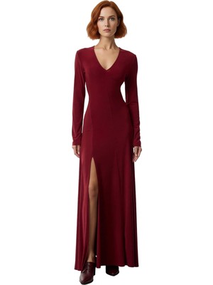 Ersefa Kadın V Yaka Bodycon Kesim Uzun Kollu Maxi Boy Yırtmaç Detaylı Düz Örme Elbise Zarif Stil Kaliteli